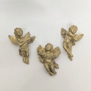 VINTAGE Gold Plaster Cherubs Angels Wall Decor Figurines Music Baby 5 in Set 3